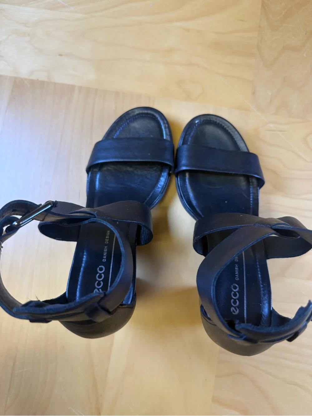 Ecco Black Leather Block Heel Sandals with Ankle Buckle